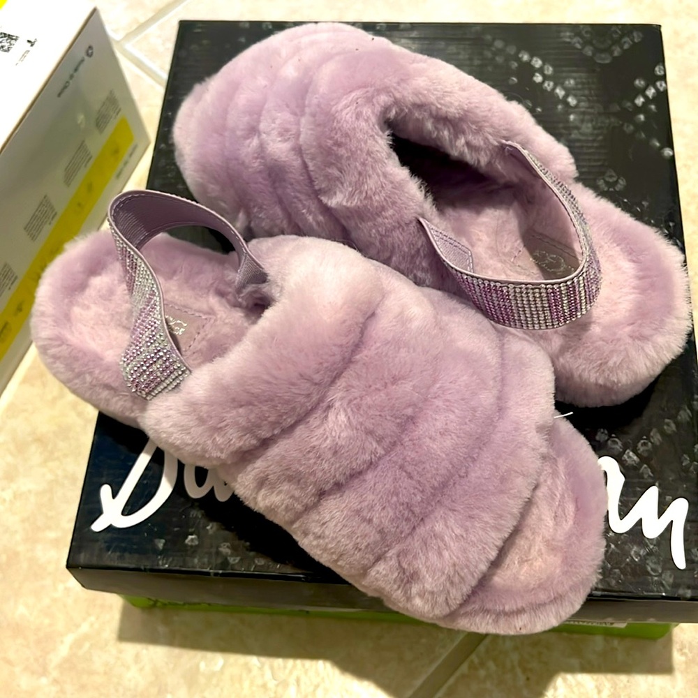 Lilac Fluffy Platform Sequin Strapped Ugg Slippers
